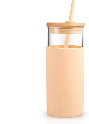 Vista 43 de Tronco Vaso de vidrio de 20 onzas con tapa y popote, taza de café helado y vaso para batido con tapas de bambú y funda protectora de silicona, apto