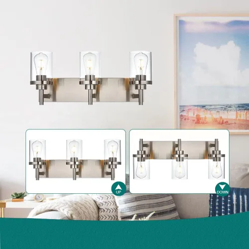 Vista 5 de Lámparas de baño, 3 luces, moderna lámpara de pared de níquel cepillado con pantalla de vidrio transparente, luces modernas de montaje en pared