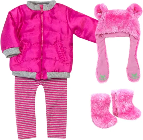 Vista 7 de Sophia's Abrigo recortado de piel de búfalo de 18 pulgadas, bufanda a cuadros, leggings y botas a cuadros