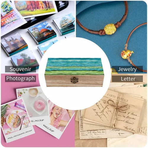 Vista 5 de Waves Desk Mat Blue And Green Wooden Storage Box Decorative Trinket Keepsake Box Wood Jewelry Organizer Box for Bedroom Office with Hinged Lid And