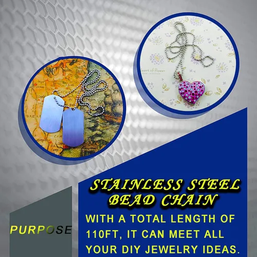 Vista 3 de Cadena de cuentas de bola de 0.079 pulgadas, cadenas extralargas de acero inoxidable de 110 pies, cadena de placa de identificación para perro