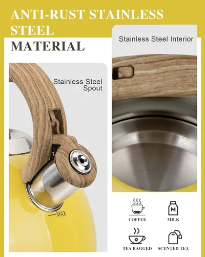 Vista 4 de Hervidor de té para estufa, 2.7 cuartos de galón con silbato fuerte para estufa, teteras de acero inoxidable de grado alimenticio para estufa