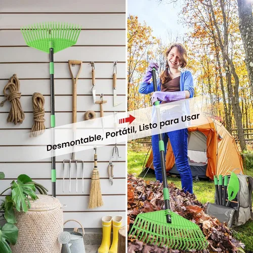 Vista 10 de Rastrillo de hojas de plástico ligero para césped, rastrillo de jardín de 16.5 pulgadas de ancho para hojas, suave con el césped, ajustable de 50