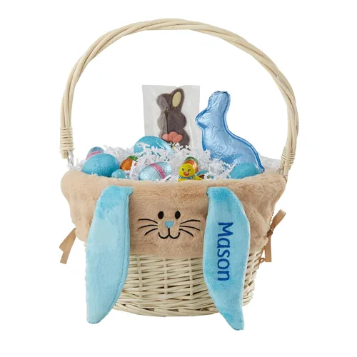 Personalization Universe Cesta de Pascua clásica personalizada, forro bordado de conejo azul y tostado, regalo de Pascua personalizado para niños,