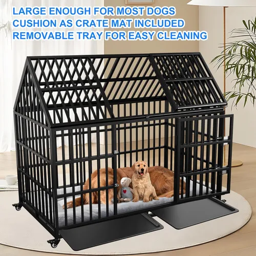 Vista 2 de Jaula resistente para perros de 54 pulgadas con alfombrilla XL, jaula grande para mascotas, perrera con techo superior, 2 puertas, bandejas