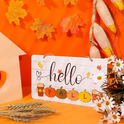 Vista 7 de Blulu Letrero de madera rústica con texto en inglés «Hello Fall» con texto en inglés «Hello Winter Summer Spring» para colgar en la pared, esquina