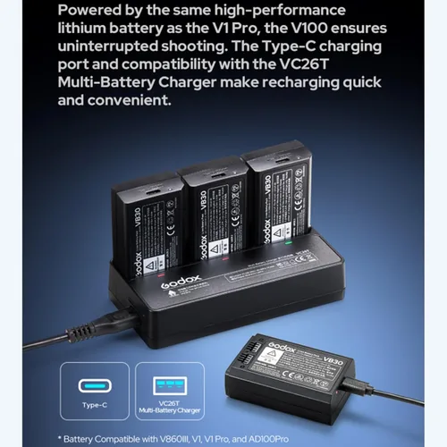 Vista 9 de Godox V100S V100-S Flash de 100Ws para Sony TTL Speedlight, 400 destellos de potencia completa, tiempo de reciclaje de 1.7s, inalámbrico 2.4G