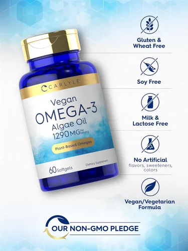Vista 5 de Suplemento de Omega 3 vegano Carlyle 1290 mg 60 cápsulas blandas A base de plantas Sin OMG y sin gluten de aceite de algas