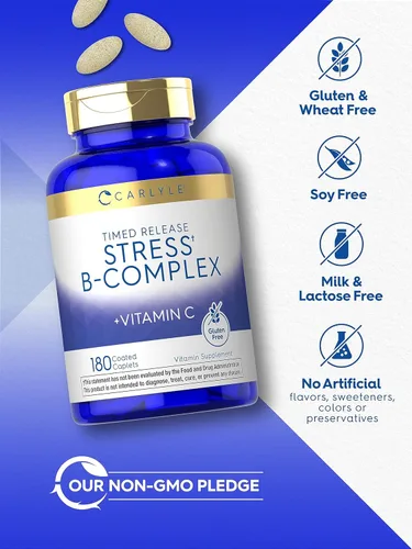 Vista 5 de Carlyle Stress B-Complex Vitamina 180 cápsulas vegetarianas con vitamina C Suplemento sin OMG y sin gluten