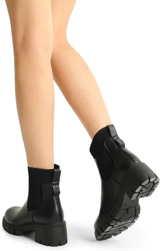 Vista 5 de DREAM PAIRS Botines elásticos Chelsea para mujer, con suela de lengüeta de moda, tacón grueso, sin cordones, para otoño, botas cortas