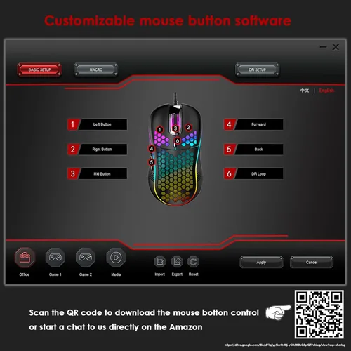 Vista 6 de Honeycomb - Mouse para juegos con cable, retroiluminación RGB y 7200 DPI ajustables, mouse USB ergonómico y ligero con sensor de alta precisión