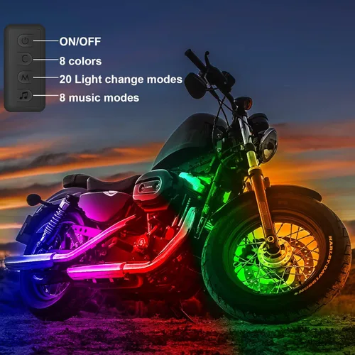 Vista 4 de 10 piezas de kit de luces LED de bajo de motocicleta, tiras de luces LED RGB, kit de luces LED de bajo de motocicleta con control de APP para Harley