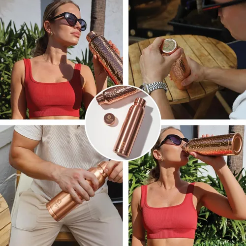 Vista 7 de Botella de agua de cobre 100% puro para agua potable – 34 oz (1000 ml) Acabado martillado con tapa a prueba de fugas Recipiente de cobre