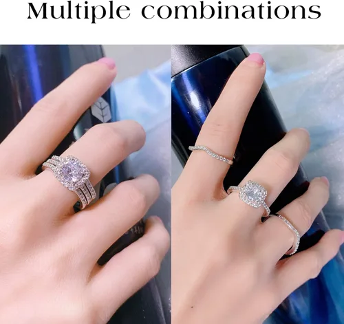 Vista 5 de MDFUN Anillo de compromiso de boda con circonita cúbica chapada en oro blanco de 18 quilates con halo tres en uno, para mujer, Oro blanco