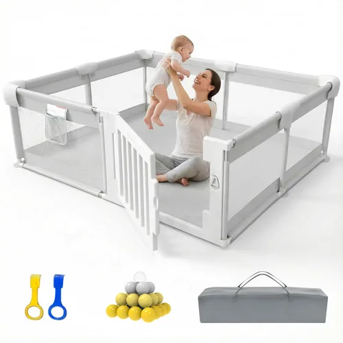 Corralito para bebés de 71 x 59 pulgadas con puerta, corralito grande para bebés y niños pequeños, patio de juegos con puerta para sala de estar,