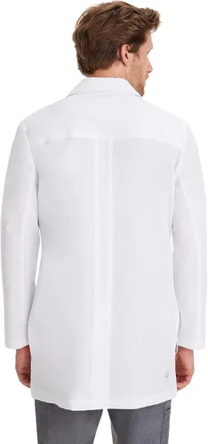 Vista 3 de Healing Hands Logan - Abrigo de laboratorio blanco para hombre con 5 bolsillos, detalles de punto y aberturas laterales, longitud de espalda 34