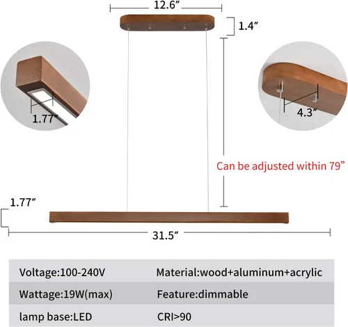Vista 2 de Lámpara colgante lineal de madera de 31.5" – Lámpara de araña LED regulable con control remoto, iluminación moderna ajustable de estilo granja