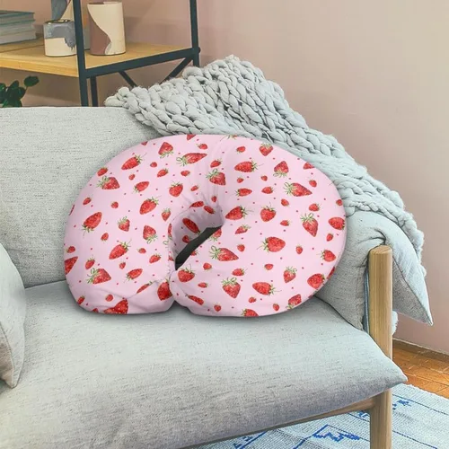 Vista 5 de Funda de almohada de lactancia materna en forma de U con forma de fresa rosada para madres que amamantan, linda funda de almohada suave de frutas