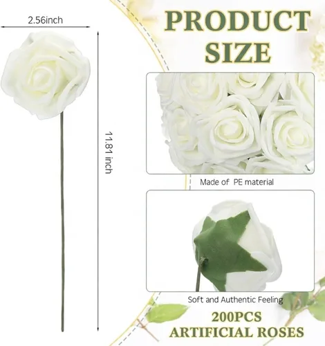Vista 2 de Tigeen Paquete de 200 rosas artificiales blancas a granel con tallos de espuma artificial, flores falsas de aspecto real para ramos de boda, centros