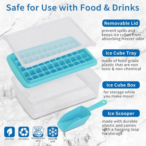 Vista 2 de Bandeja para cubitos de hielo con tapa y contenedor para congelador, bandeja de hielo de 55 pepitas de fácil liberación con tapa, recipiente