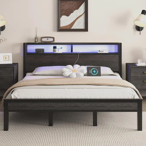 Vista 23 de LOEWAY Base de cama tamaño Queen con cabecero de almacenamiento y luces LED, color gris