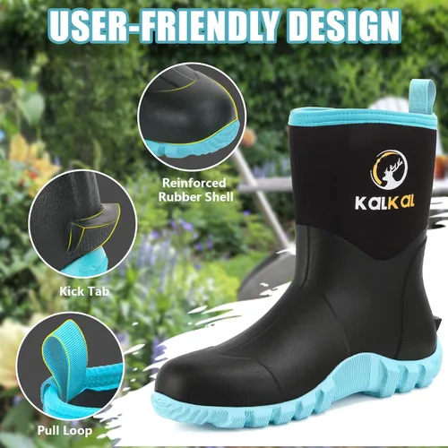 Vista 6 de Kalkal Botas de goma para mujer, de neopreno de 0.236 pulgadas, impermeables, aisladas, con vástago de acero, pantorrilla ancha, botas de caza