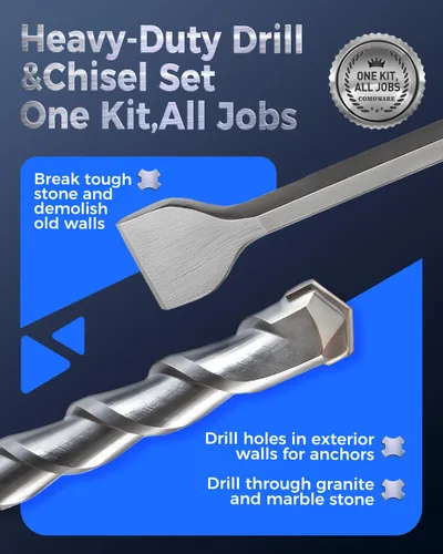Vista 6 de COMOWARE Juego de brocas de martillo giratorio y cinceles, herramienta de agujero de mampostería de hormigón SDS Plus, 17 piezas con estuche