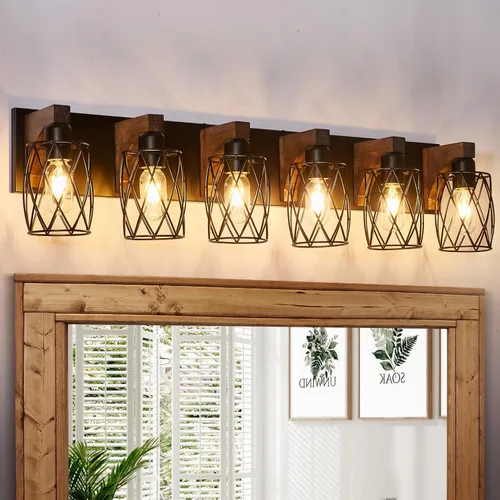 Vista 8 de Luz de tocador de baño estilo granja, lámpara de baño de madera de 3 luces sobre espejo, luces de tocador industriales negras con pantalla de metal