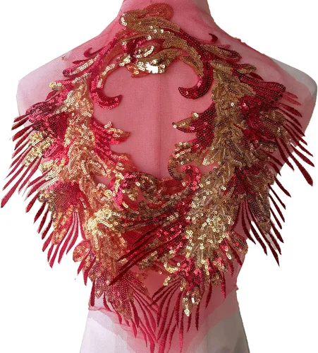 Vista 5 de Spakling negro con lentejuelas doradas apliques espejo par alas de ángel apliques parche de encaje para vestido de fiesta