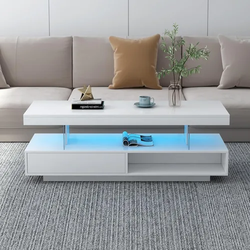 Vista 44 de Mesa de centro moderna con almacenamiento, mesa de cóctel de madera con superficie UV de alto brillo, mesas de centro rectangulares de 2 niveles