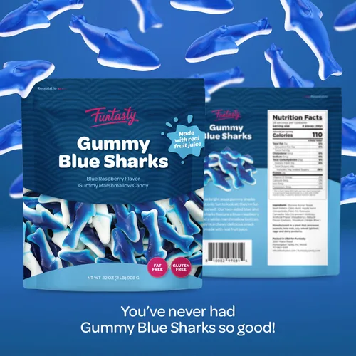 Vista 2 de Blue Sharks - Caramelos de gomitas – Paquete a granel de 2 libras – Sabor a malvavisco de frambuesa azul