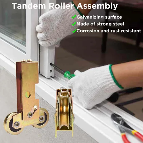 Vista 3 de Paquete de 2 rodillos tándem de 1-1/4 pulgadas para puerta de patio deslizante, rodamiento de bolas de acero con rueda trasera ajustable para puerta