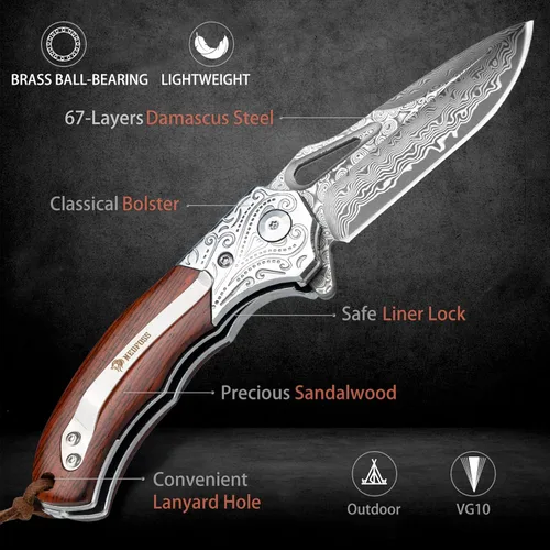 Vista 2 de Cuchillo de bolsillo de damasco NedFoss para hombres, cuchillo plegable de damasco de acero VG10 forjado a mano de 2.75" con funda de cuero retro