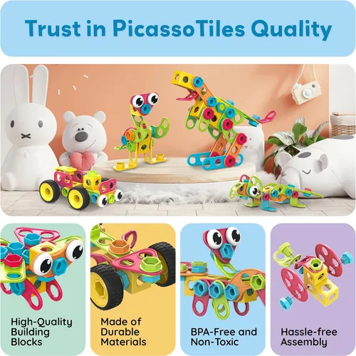 Vista 8 de PicassoTiles Juguetes de Aprendizaje STEM de 250 Piezas Kit de Bloques de Construcción para Niños Juguete de Ingeniería Bloques de Juguete Conjunto