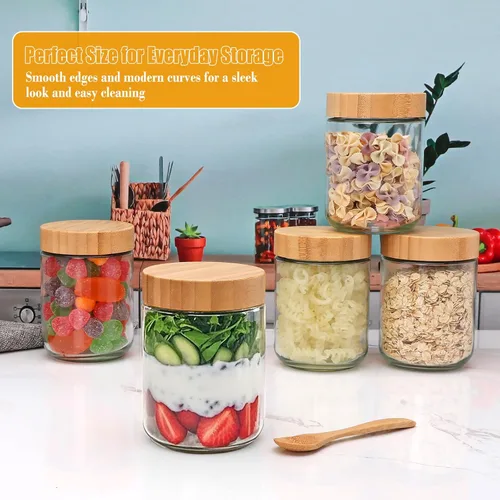 Vista 7 de Encheng Tarros de vidrio de 16 onzas con tapas, recipientes de avena nocturna con tapas de bambú, frascos Mason de vidrio de boca ancha, recipientes