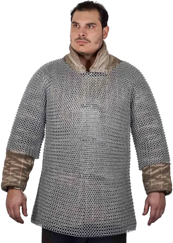 Camisa medieval, con malla de malla, media manga, anillos redondos a tope, calibre 16 de 0.394 in, acero suave, Zinc