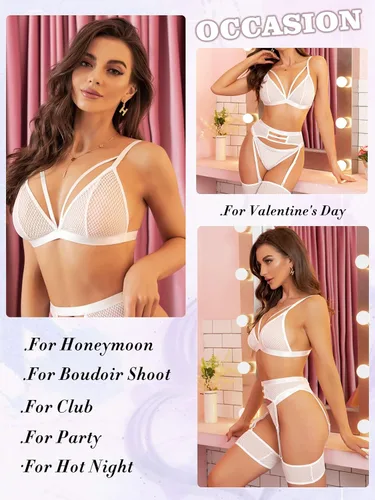 Vista 4 de Popiv Lencería sexy para mujer conjunto de lencería de encaje con tiras de cintura alta lencería de malla transparente