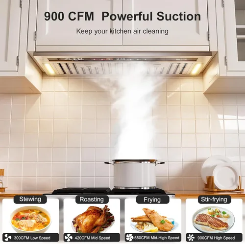 Vista 2 de BRANO Campana de Ventilación de Inserción de 30 Pulgadas, 900 CFM Control Inteligente por Voz/Gesto/Tacto, Ventilador de Escape de 4 Velocidades