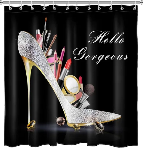 EOBTAIN Cortina de ducha de tacón alto con diamantes de maquillaje Hello Gorgeous Lipstick Bling Fashion Shoes Sexy Girls Fancy Beautiful Lady