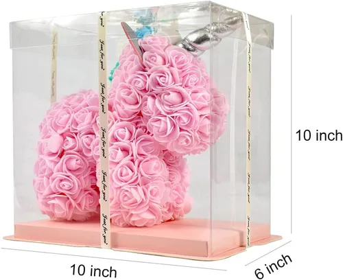 Vista 3 de Flor de rosa Uicorn hecha a mano, bestia mítica, simulación, oso de rosas para Navidad, San Valentín, cumpleaños (rosa claro)