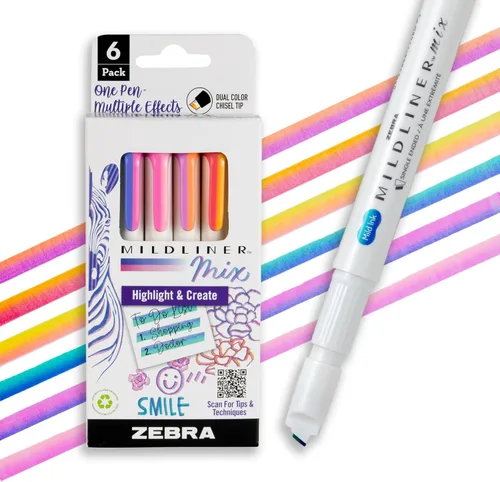 Zebra Pen Mildliner Mix Juego de marcadores resaltadores de doble color, punta de cincel, colores surtidos que no se corren, paquete de 6