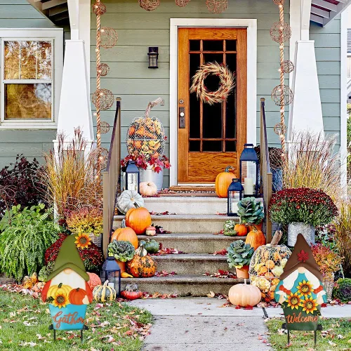 Vista 8 de PHITRIC Decoraciones de otoño para el hogar al aire libre, 2 estacas decorativas de gnomo de metal con calabazas de girasol para decoración