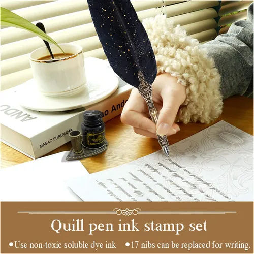 Vista 6 de Juego de Tinta para Pluma de Caña, Incluye Pluma de Pluma y pluma de inmersión de madera, Tinta, 17 Puntas de Repuesto, Base de Punta de Pluma, 3
