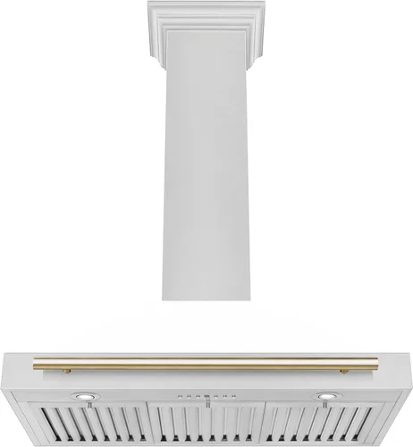 Vista 4 de ZLINE Autograph Edition - Campana extractora convertible de acero inoxidable satinado de 36 pulgadas con carcasa blanca mate y mango dorado pulido