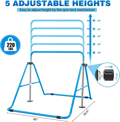 Vista 2 de Gymnastics Bar for Kids, Adjustable Height Gymnastic Horizontal Bars, Folding Expandable Gymnastics Equipment Junior Training Kip Bar for Home
