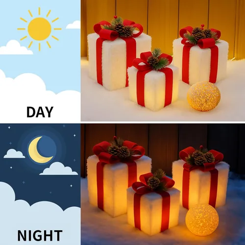Vista 5 de Juego de 3 cajas de regalo iluminadas de Navidad con 60 luces LED, decoraciones navideñas enchufables para árbol de Navidad, hogar, decoración