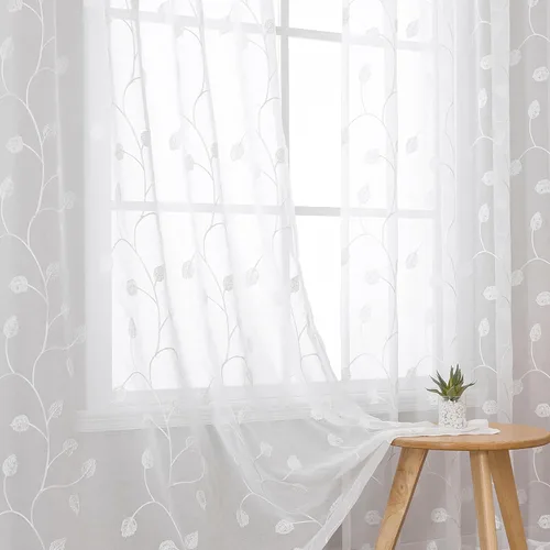 Vista 38 de VISIONTEX Juego de 2 paneles de cortinas traslúcidas blancas de 63 pulgadas de largo, con bordado de coral beige, bolsillo para barra, cortinas