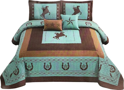 Vista 5 de Western Collection Edredón de lujo con cojines para el hogar, 5 piezas, estrellas occidentales y caballos, vaquero, colcha de gran tamaño con Beige