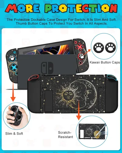 Vista 5 de Funda 9in1 Sun Moon Witchy Switch para Nintendo Switch, fundas de transporte y accesorios de almacenamiento, kit de agarre para pulgar+soporte