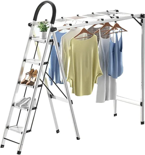 Vista 11 de Estante de secado multifuncional para escalera, colgador de lavandería, estante de secado de ropa plegable en interiores, estante de lavandería que